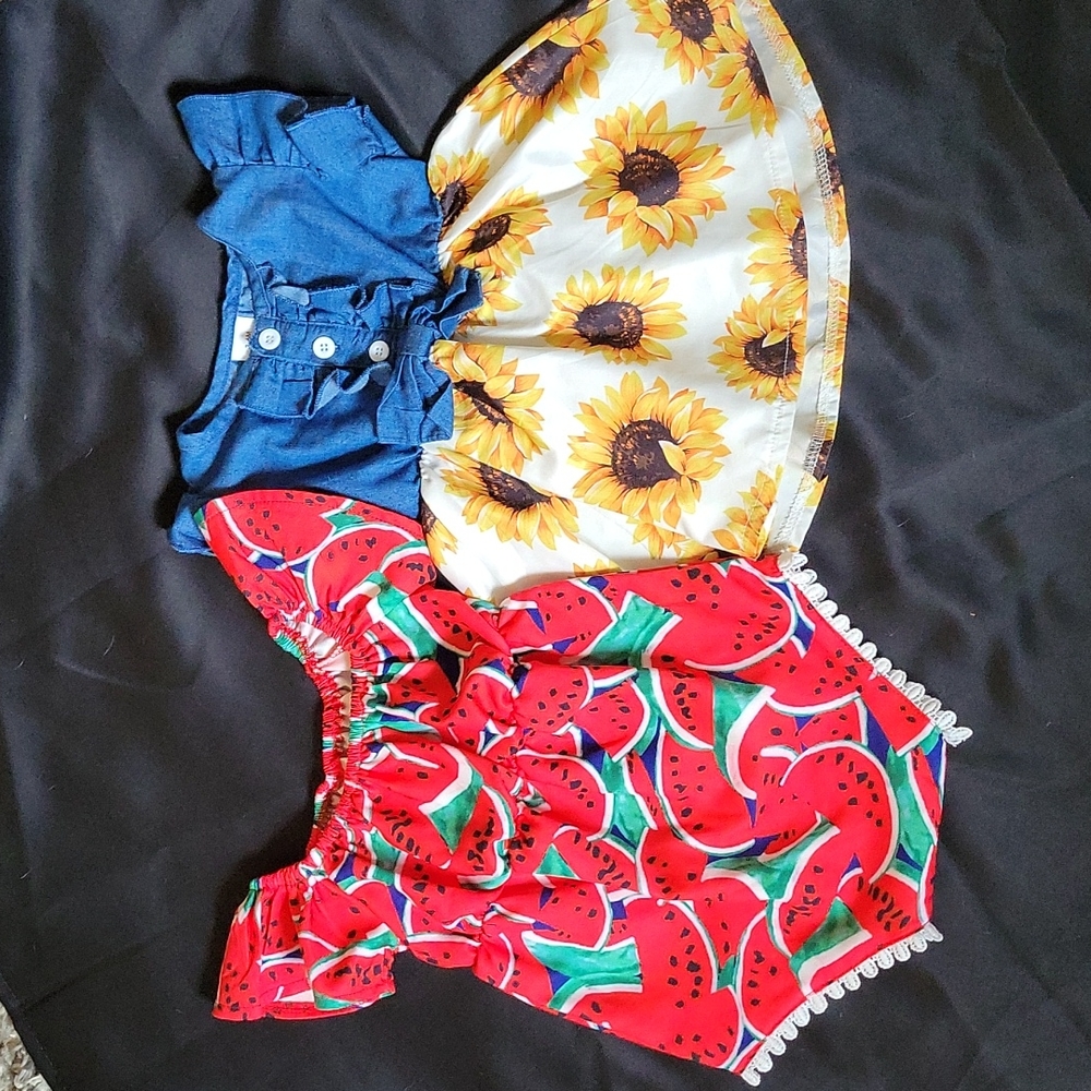 3-6 Month Baby Girl Sunflower Dress and Watermelon Romper